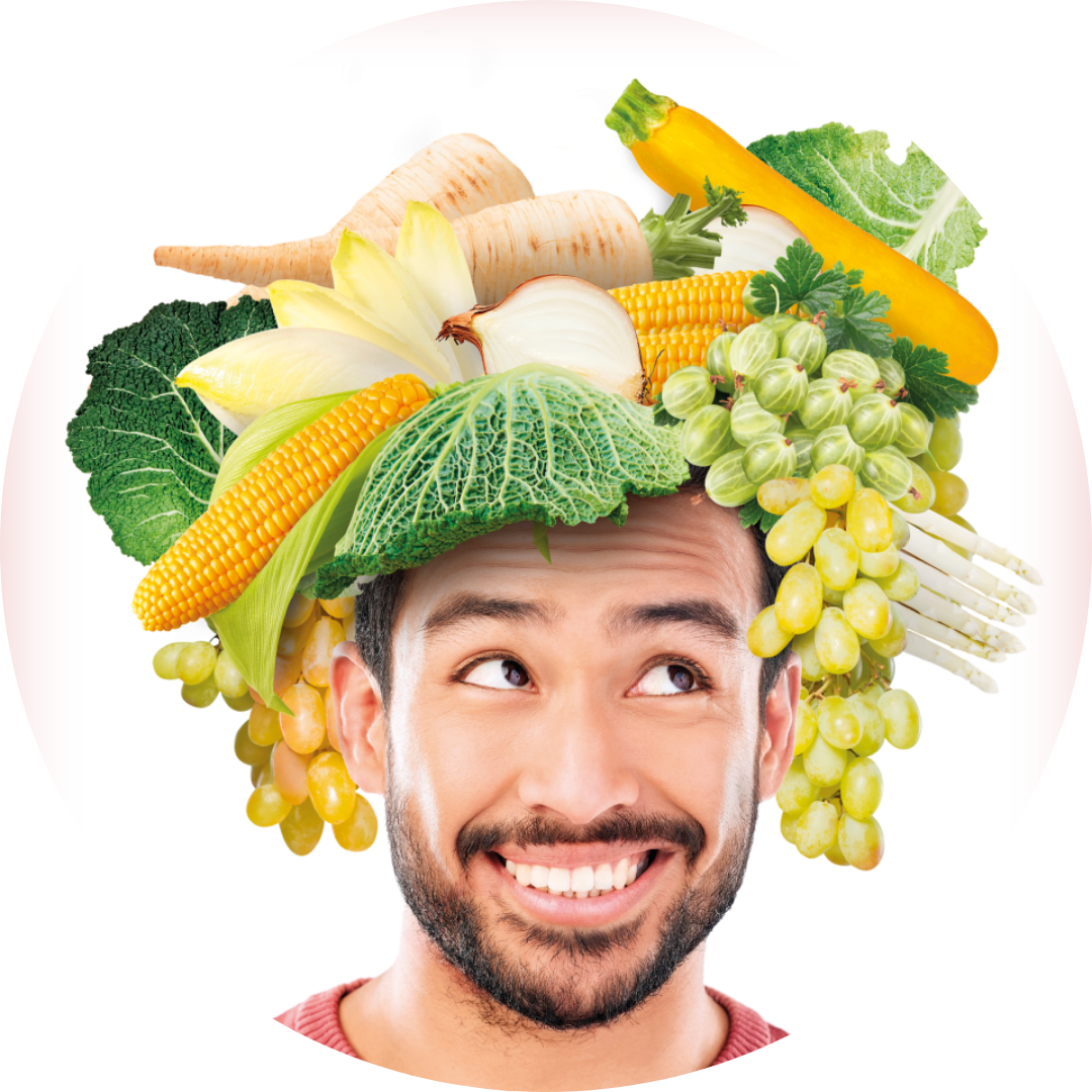 Man in cirkel met groenten op zijn hoofd - een week gezonder