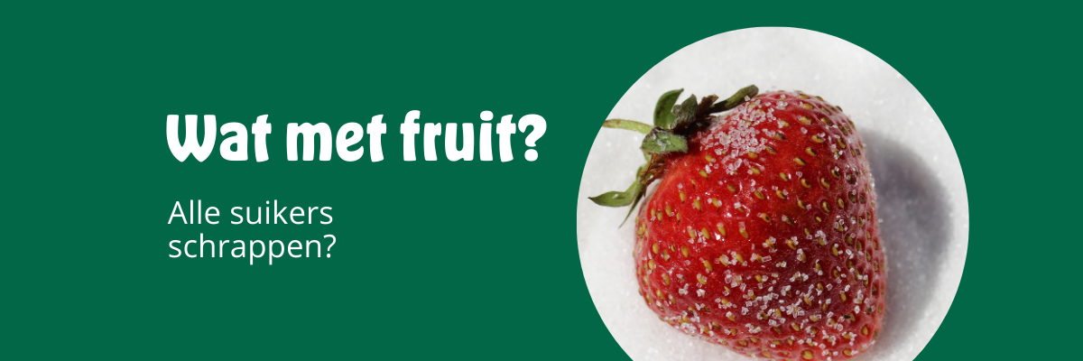 Wat met fruit tekst en foto met aardbei en kristalsuiker
